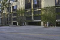 the building is covered with green plants and ivys across from it, and next to it a road