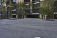 the building is covered with green plants and ivys across from it, and next to it a road