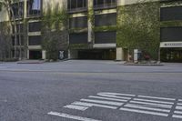 the building is covered with green plants and ivys across from it, and next to it a road