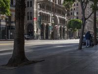 a busy street and curb with two cars parked along it and birds walking along the curb near the road