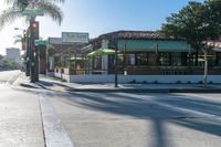 the corner of a busy street next to a restaurant and a parking meter, trees and the sidewalk