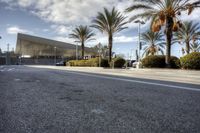 the large building is in the background with palm trees outside it and parking lot next to it