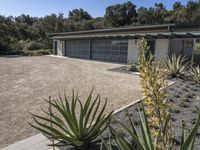 an empty garage surrounded by plants and trees in front of a house that has been designed to look modern