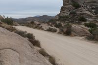 a dirt road runs between rocky cliffs and scrub brush with shrubbery near it while the sky is white