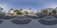 a 360 - vision lens of an intersection in california city with palm trees on either side