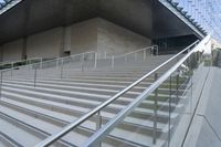 there are stairs that have rails and railings attached to them while people walk down one set