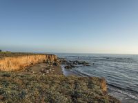 a grassy field by the shore and a cliff with rocks in the ocean in the background