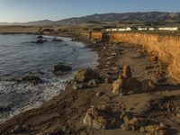 a grassy field by the shore and a cliff with rocks in the ocean in the background