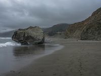 this person is walking on a beach in the rain near the ocean and large rocks