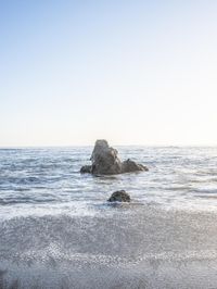 a grassy field by the shore and a cliff with rocks in the ocean in the background