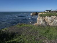 a brown dog sits on the edge of a cliff overlooking the ocean near houses and boats