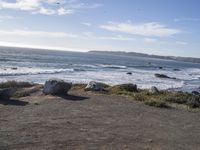 a bench and surfboard on the sand near water and trees next to it on a cliff