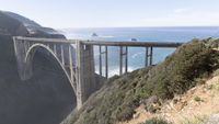 a train crossing a big bridge over the water near the ocean of california state park