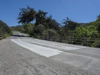 a road next to some trees and a fence with dirt path through it with a motorcycle parked at the end of it