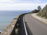 the road along the ocean is empty in most parts of california, and there's a lone person on one side