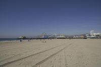 people walk on sand at a beach, near the ocean in the distance is a sky with few cloudless, and blue skies