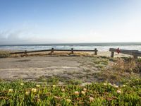 a bench and some water bushes on the shore shore line at sunrise or sunrise with a fence between the sea