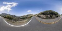 two different photos of a curve of road and some hills in the distance with a clear blue sky above