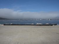 some logs near the water on a shore line with the fog in the background and a few boats docked on shore