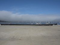 some logs near the water on a shore line with the fog in the background and a few boats docked on shore