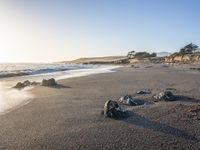 a grassy field by the shore and a cliff with rocks in the ocean in the background