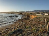 a grassy field by the shore and a cliff with rocks in the ocean in the background