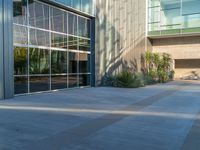 a building has several different glass windows in it and there are plants on the ground next to the building