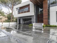 the front facade of an contemporary home with tiled concrete floor and stairs with trees in the back yard