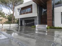 the front facade of an contemporary home with tiled concrete floor and stairs with trees in the back yard