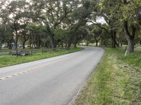 a curve road in a country setting with trees near by and an empty park bench