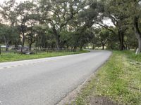 a curve road in a country setting with trees near by and an empty park bench