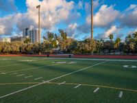 several soccer field in the background with trees and buildings in the distance behind them, the sky has some white clouds