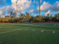 several soccer field in the background with trees and buildings in the distance behind them, the sky has some white clouds