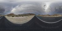 three different views of an intersection with a roadway in front and large clouds above the intersection