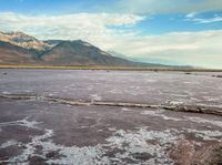 a dead tree in the middle of a muddy lake with mountains in the distance while the water levels are low