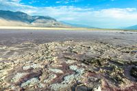 the dry and colorful ground in a desert plain area is mostly barren, and has very little vegetation