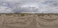 multiple curved dirt tracks in the desert in front of dark clouds and grass above them