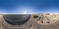 this is a 3d rendering photo of sand mounds and sky in a desert area with an airplane overhead