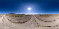 three view - panoramic photographs of desert field under sunray, taken from vehicle