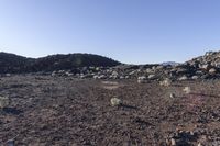 a rocky field that is filled with rocks and plants near mountains in the distance with a blue sky above