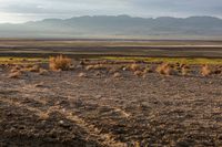 a desert landscape with mountains in the background and dirt on the ground at sunset time