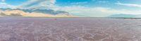 the desert is covered with pink substance as it reflects mountains in the distance with water and rocks