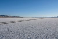 tracks of cars in the middle of a desert plain on a clear sunny day with no clouds