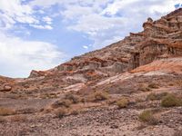 the desert is barren with little brown grass in it and rocks and bushes on the sides