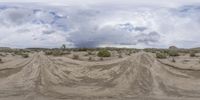 the wide panorama lens is showing sand covered terrain on a cloudy day in the desert