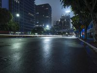 wet roadway with city buildings in the background at night with street lights on and no cars