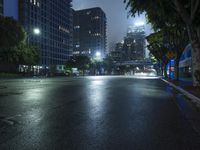 wet roadway with city buildings in the background at night with street lights on and no cars