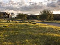 a dirt road that leads to a grassy area and a home with trees on it