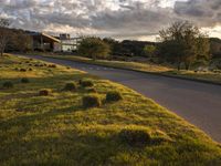 a dirt road that leads to a grassy area and a home with trees on it