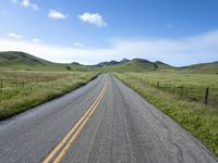 a long empty road surrounded by hills under a blue sky is in the foreground